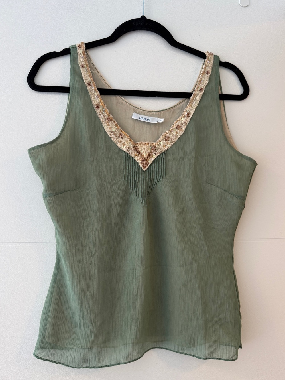 Vintage Ricki’s Sage Green Beaded Chiffon Tank Top Small
